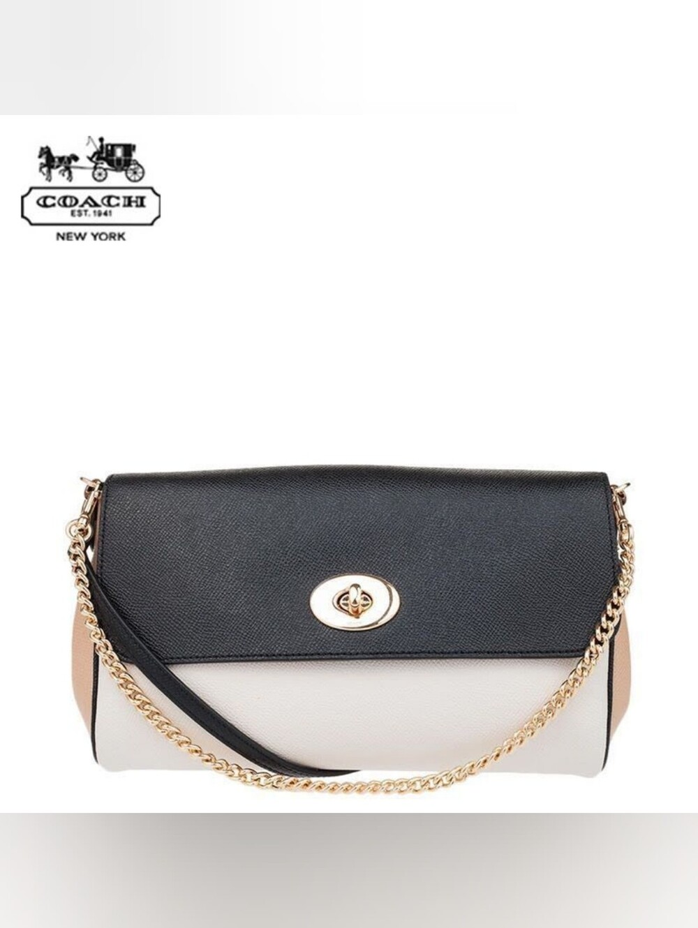 Coach Two-Tone Leather Turnlock Shoulder Bag - Black & Cream